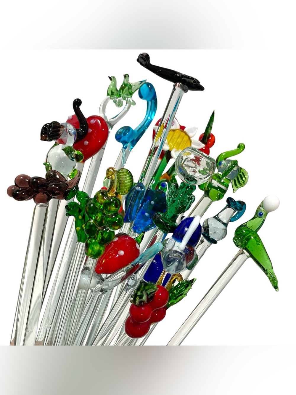 Vintage 1970s Assorted (25) Hand Blown Glass Swizzle Sticks - Colorful Barware